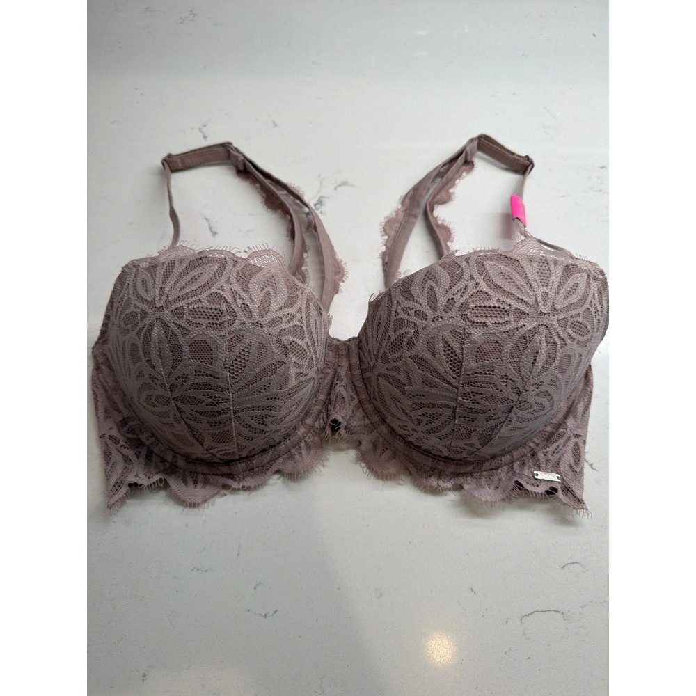PINK Victoria's Secret Mauve Lace Eyelash Trim Push Up Bra 34D Underwire